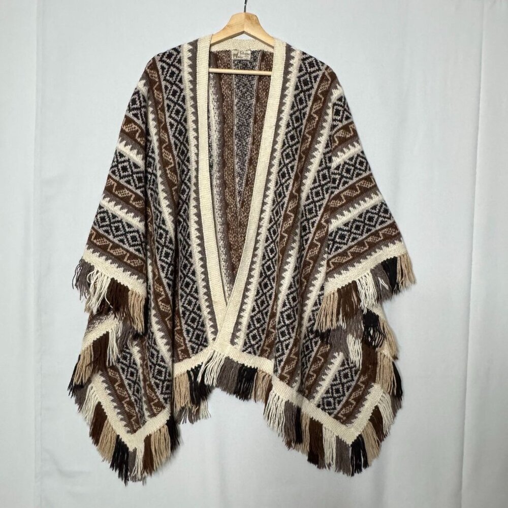 Fotrama 100% Alpaca Wool Brown Black Ivory Fringe Hem Knee Length Poncho Onesize